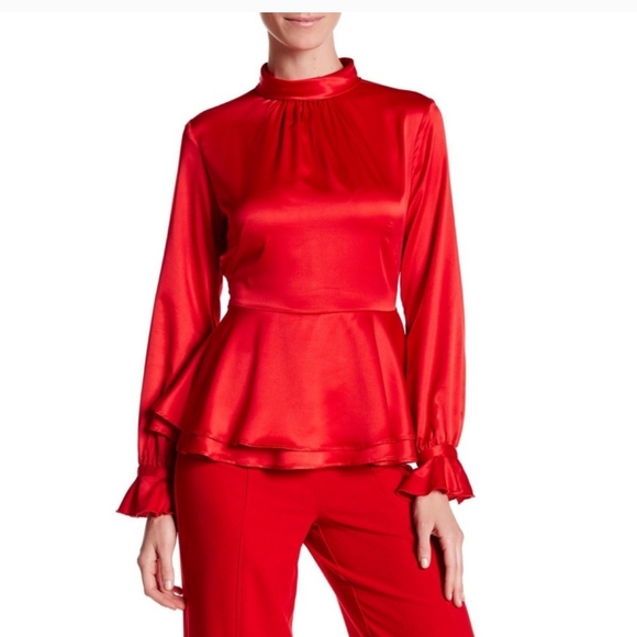 Nanette Lepore Tops - Nanette Lepore Red Satin Peplum Blouse